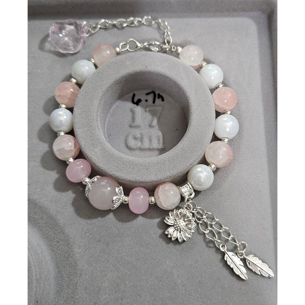 Pink/ White Wire Bracelet with Silver Sunflower and feathers Dangle #478